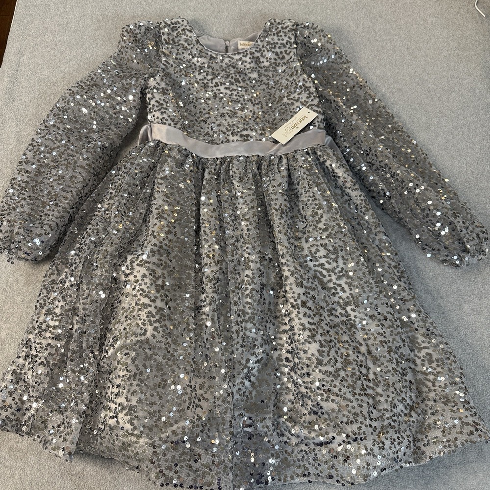 NWT Kensie Girl Silver Sequin Party Dress Girls 16 Long Sleeve Holiday Formal